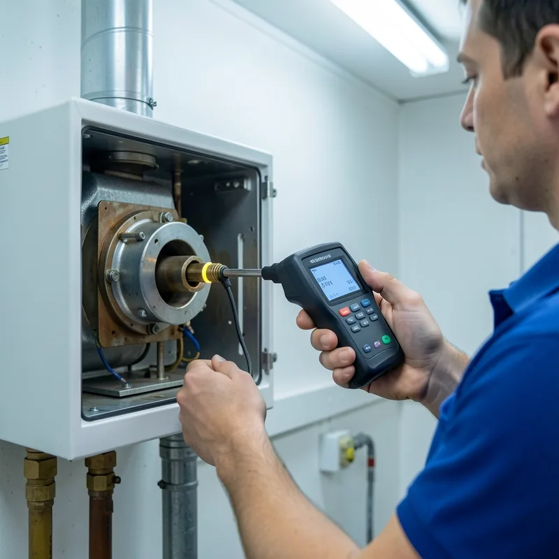 Technicien mesurant le taux de monoxyde de carbone sur une chaudière murale au gaz avec un analyseur de combustion