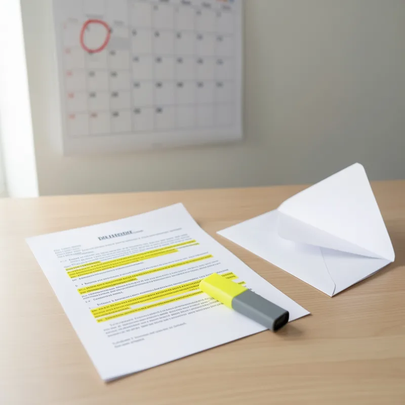 Contrat d’entretien de chauffage annoté au surligneur à côté d’un calendrier mural et d’une enveloppe ouverte