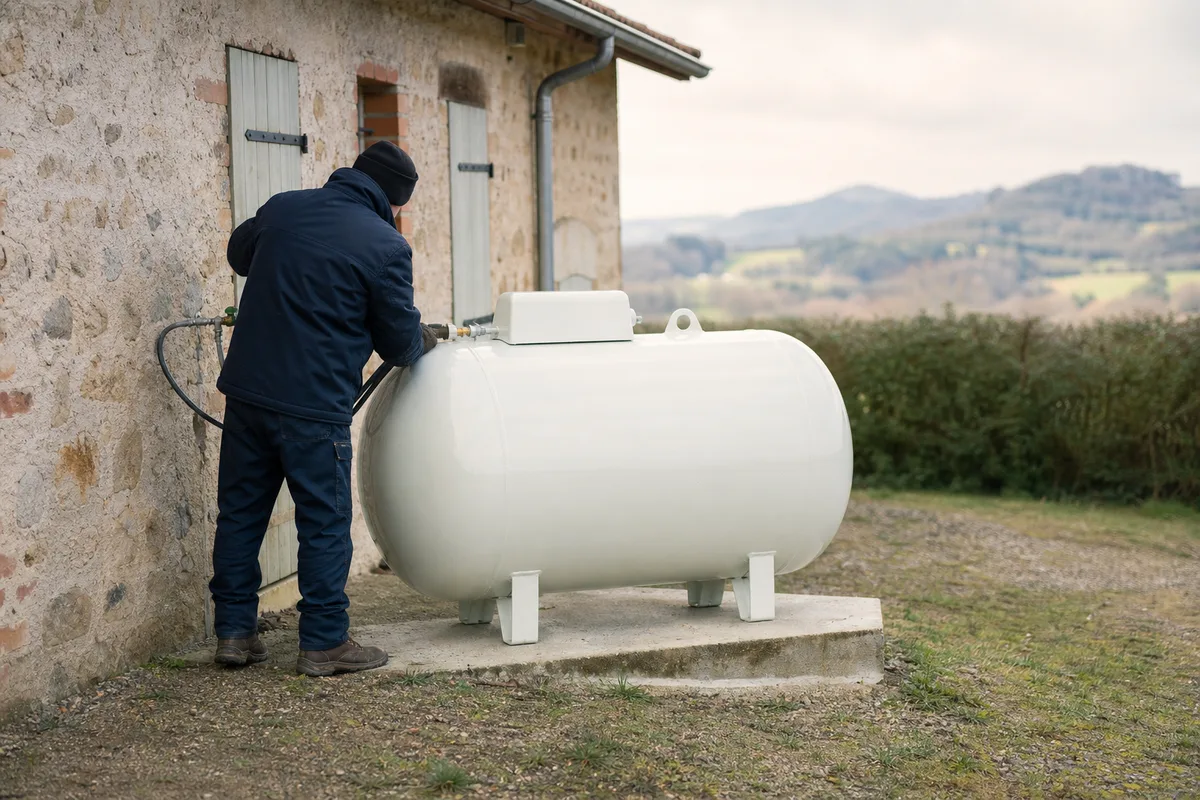 Chaufferie rurale avec citerne de propane près de Charlieu