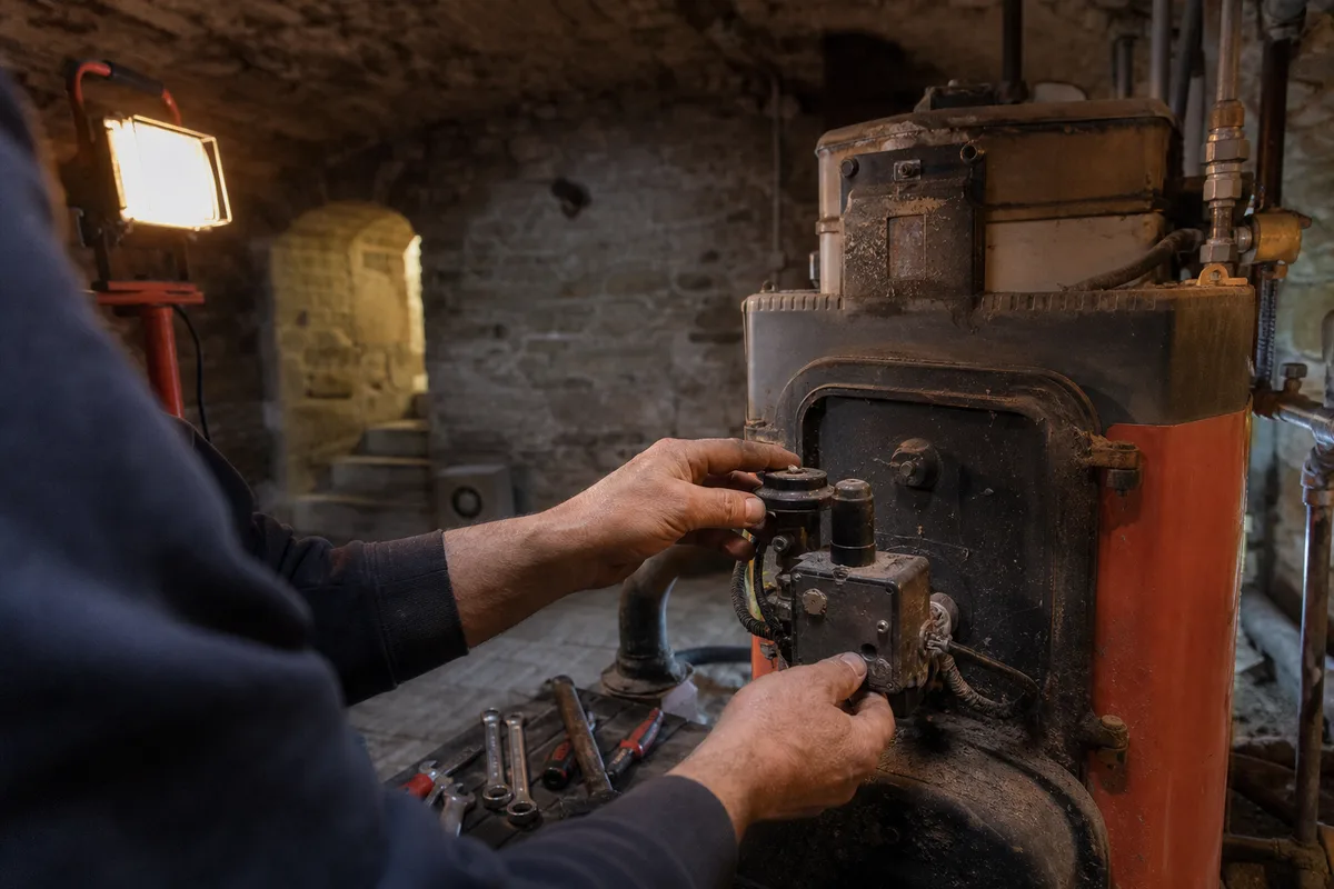 Entretien d&rsquo;une chaudière ancienne dans une cave voûtée d&rsquo;une maison de vigne à Gaillac