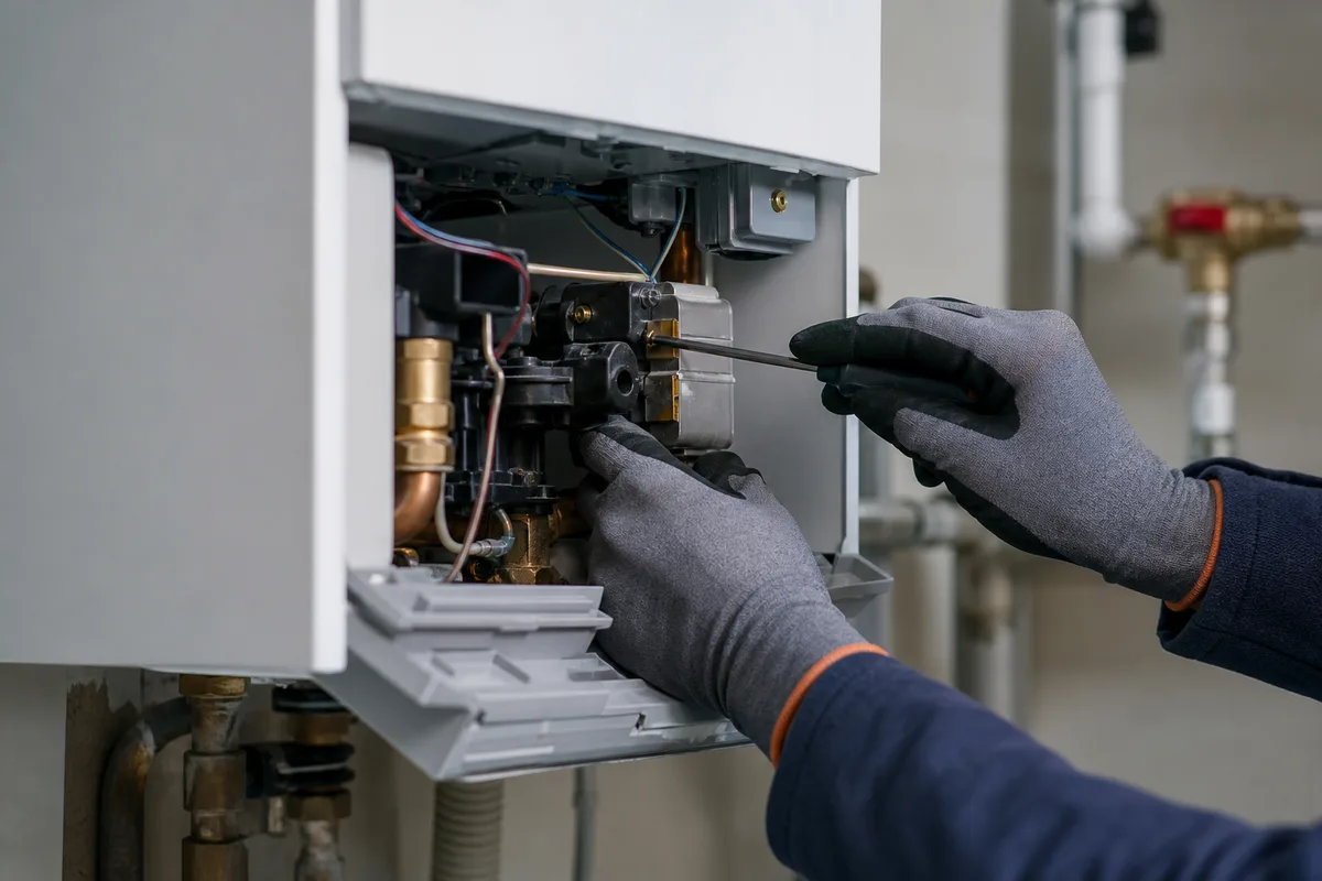 Chaudière murale au gaz entretenue par un artisan dans une chaufferie propre