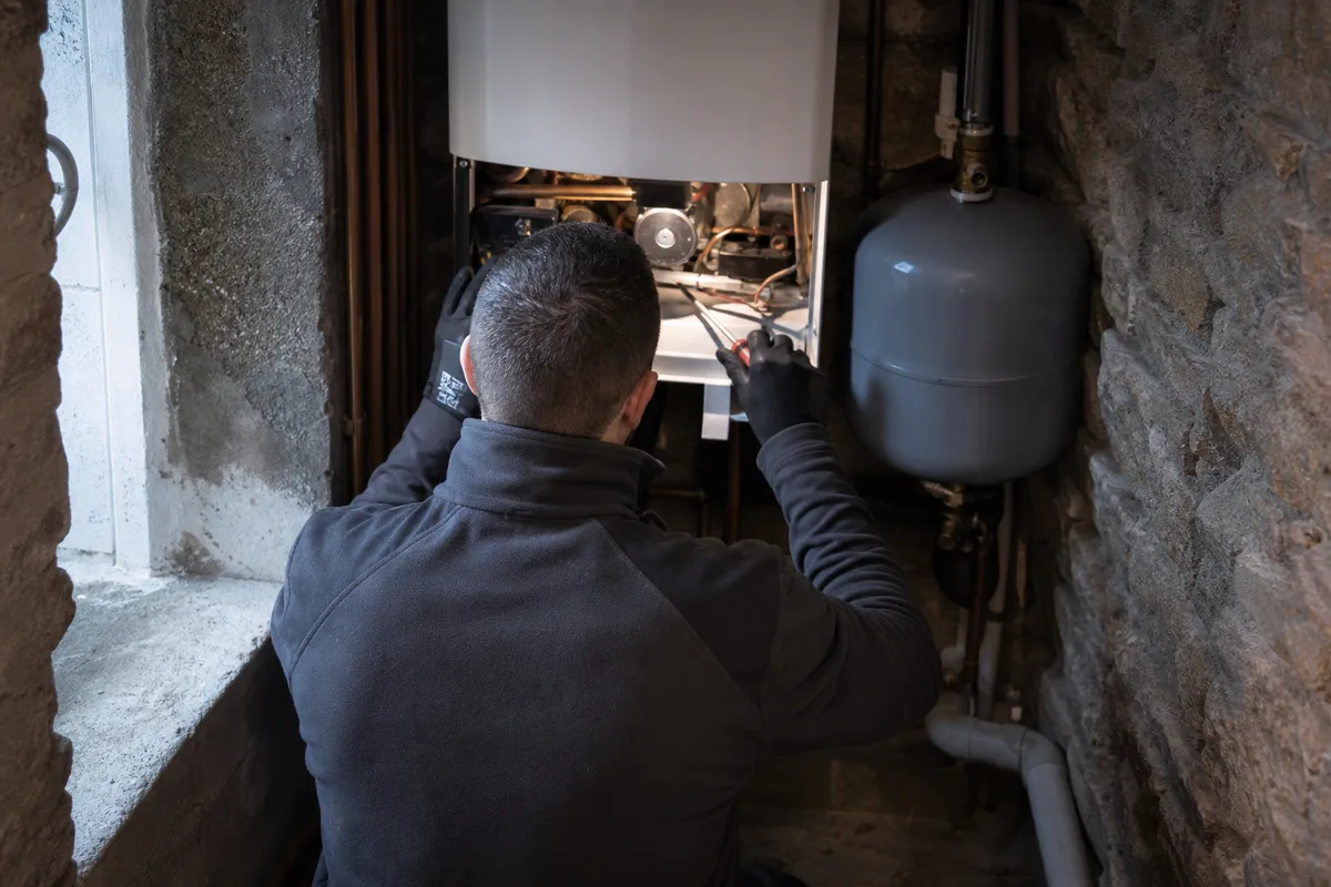 Silhouette d’artisan de dos réglant une chaudière dans une maison de ville étroite