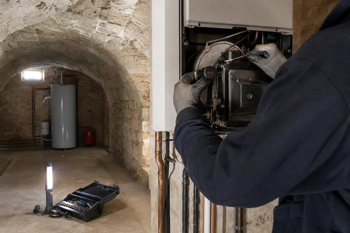 Technicien entretenant une chaudière fioul dans la cave voûtée en pierre d&rsquo;une longère près de Surgères