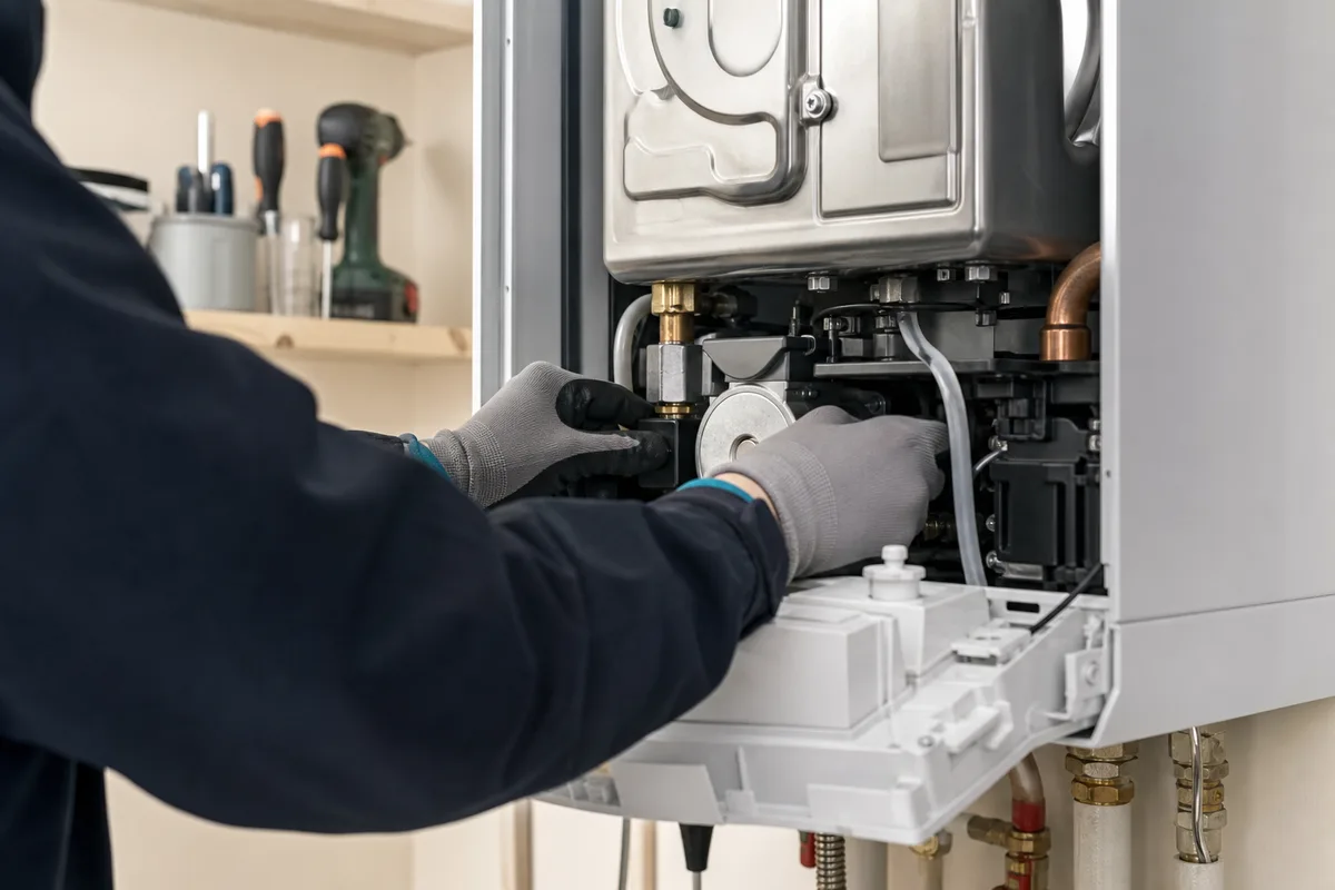 Technicien vérifiant une chaudière murale au gaz dans une chaufferie propre