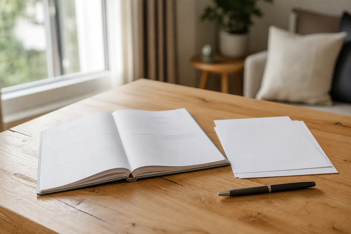 Carnet d&rsquo;entretien et attestation de chaudière posés sur une table avec un stylo