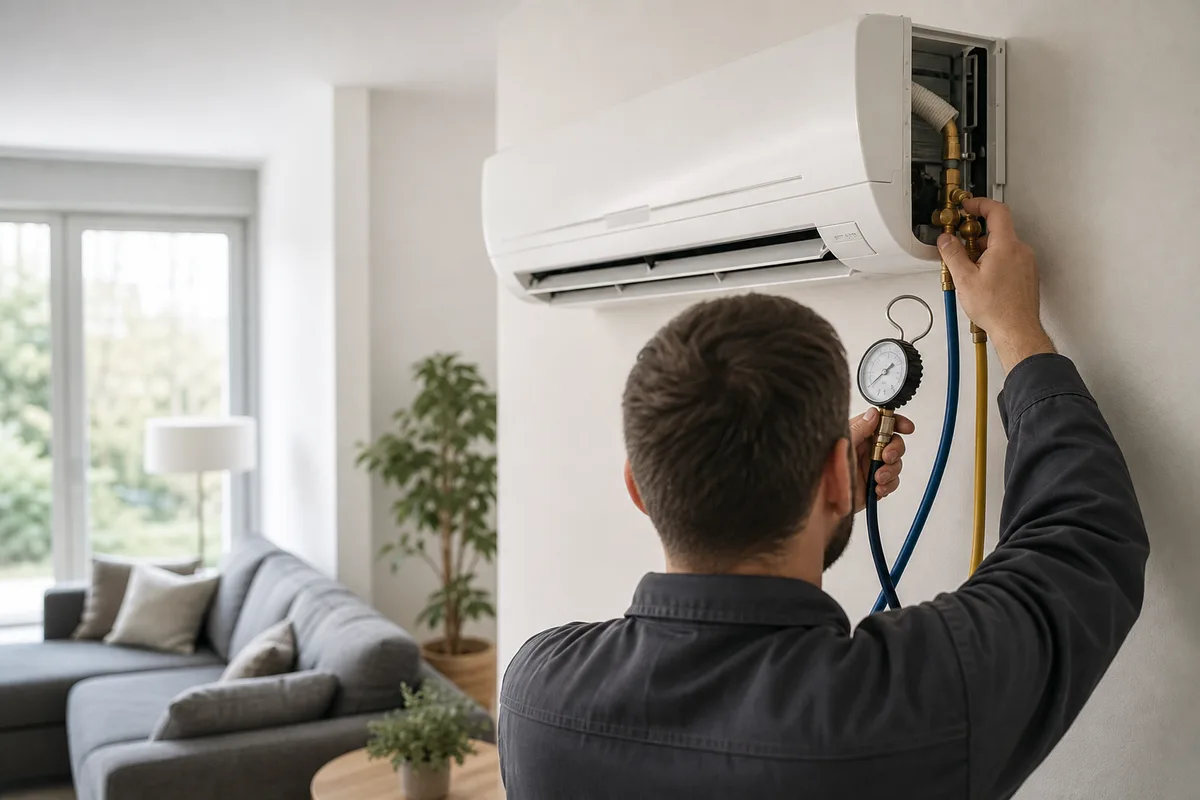 Technicien contrôlant le circuit frigorifique d&rsquo;une climatisation réversible